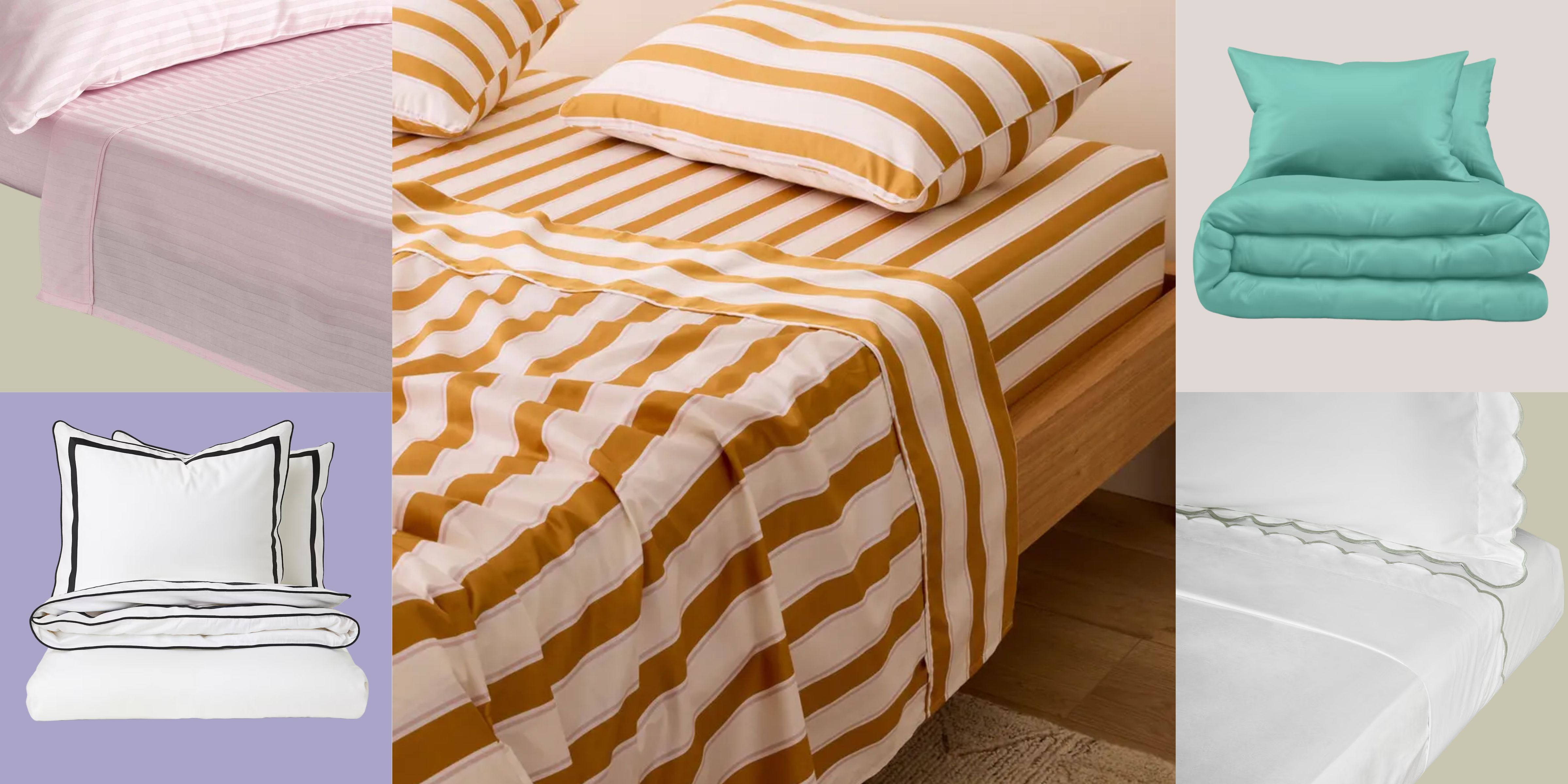 Egyptian cotton sheets pictured against a colorful checkered background