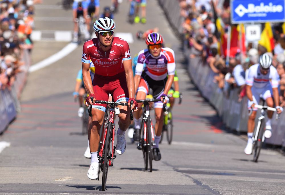 Jenthe Biermans at the finish of the Belgium Tour's opening stage.