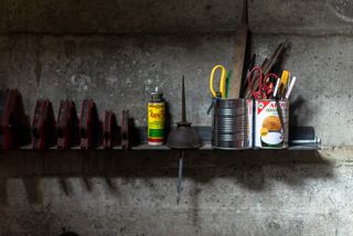 A garage with items organized by category