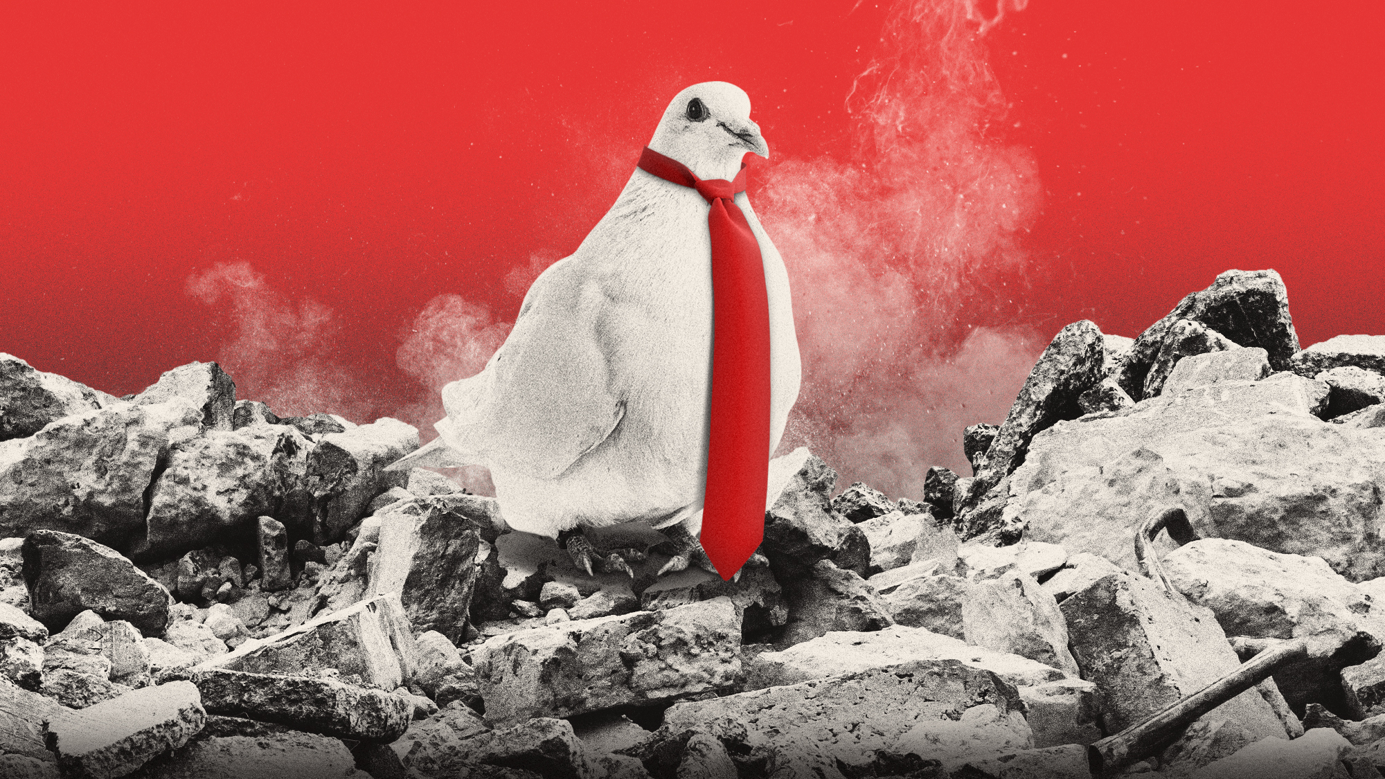 Illustration of a white dove wearing a red tie perched amid rubble