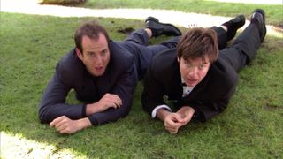 will arnett and jason bateman laying on the grass in arrested development season 1