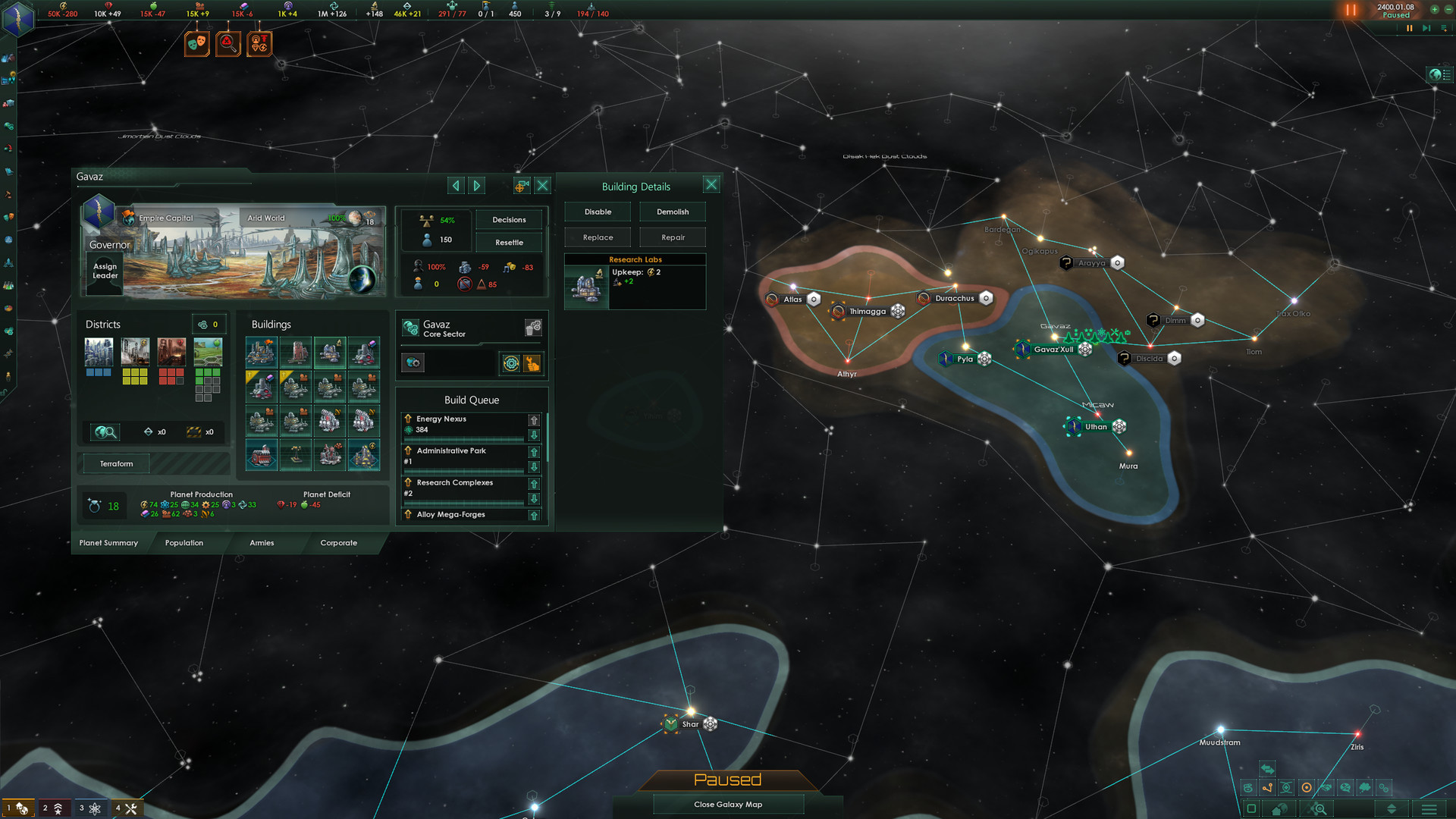 A screenshot of an open menu in space during the 4X game, Stellaris