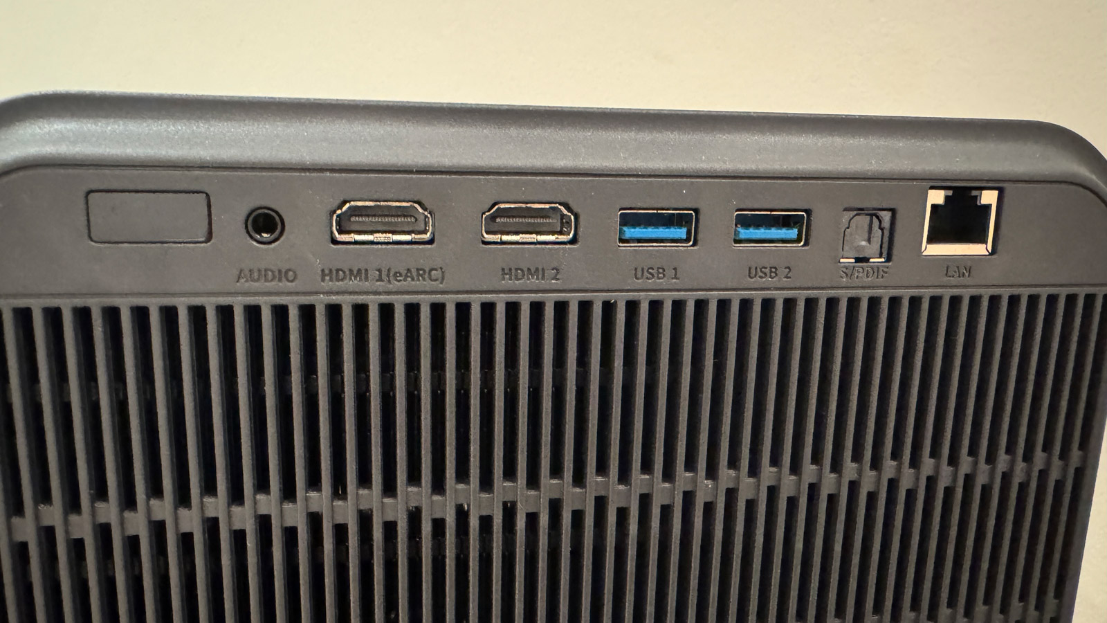 A close-up image of the connections of the Hisense C2 Ultra.