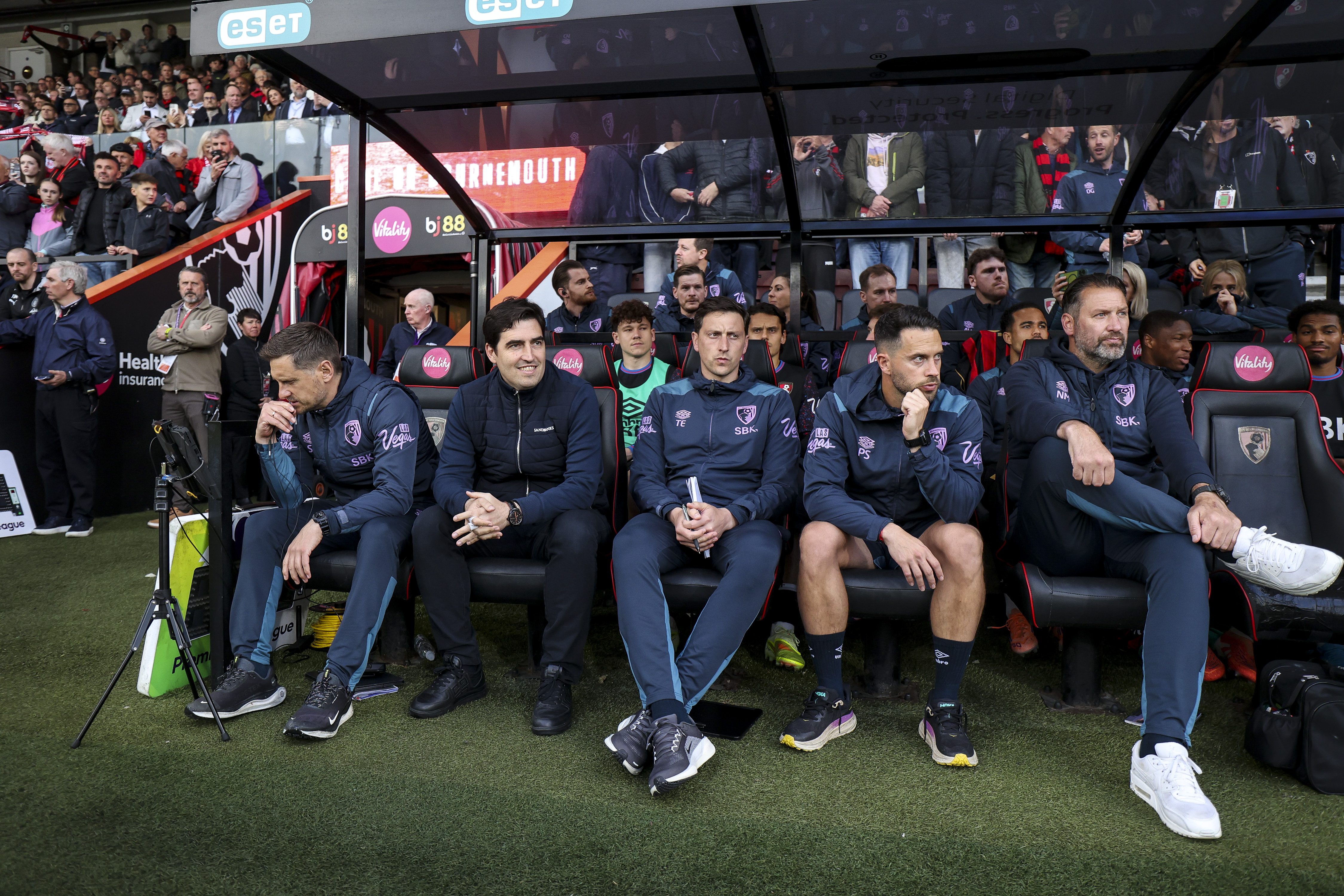 Head Coach Andoni Iraola of Bournemouth with his coaching staff, Shaun Cooper, Tommy Elphick, Pablo de la Torre and Neil Moss. (Photo by Robin Jones - AFC Bournemouth/AFC Bournemouth via Getty Images)