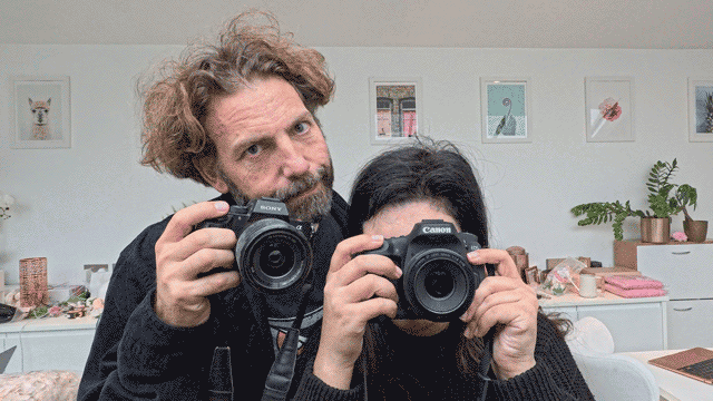 Adam Juniper with a Sony A7iii looking at Ariane Sherine with a Canon 90D