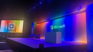 Microsoft logo behind an empty stage