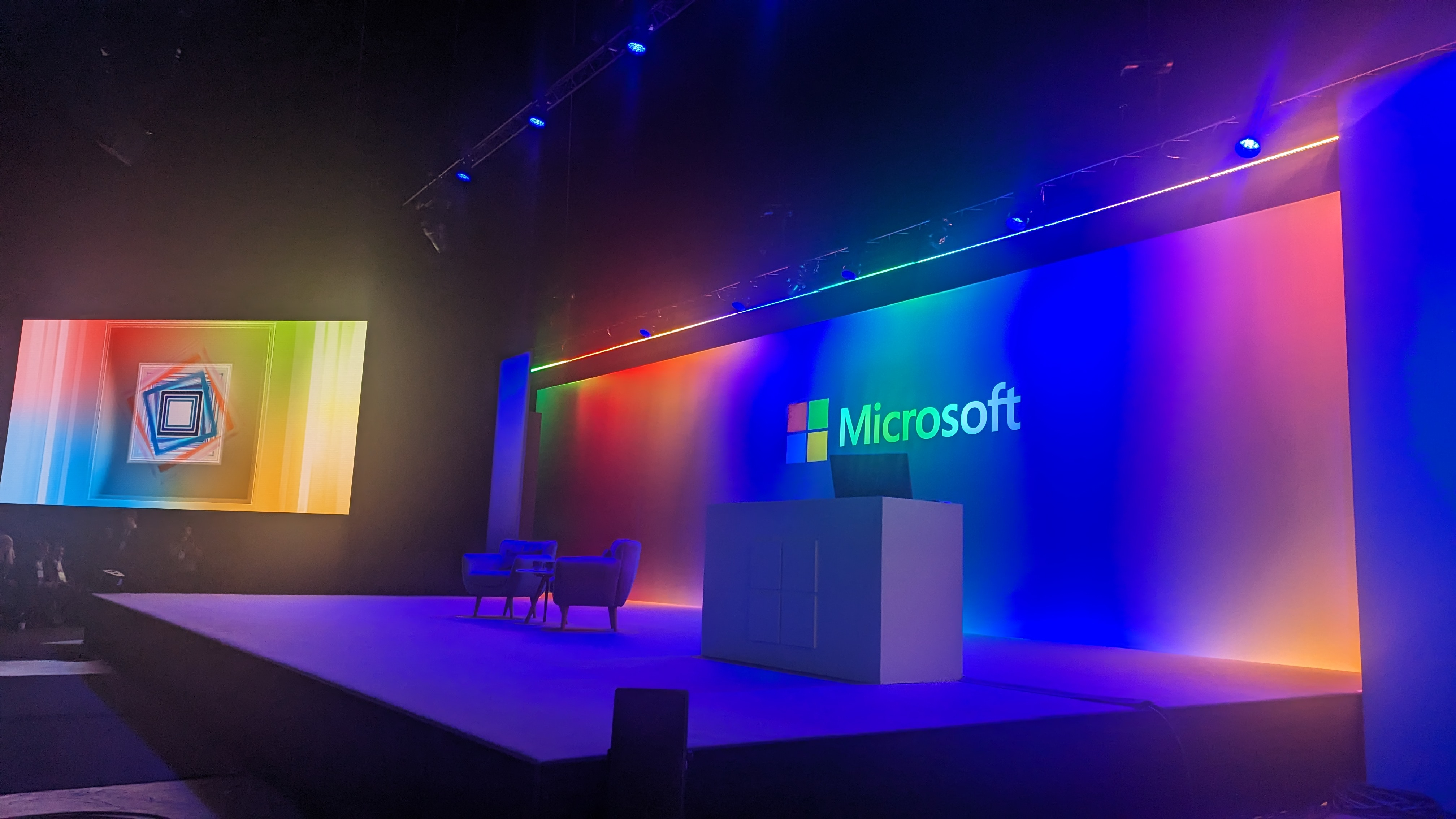 Microsoft logo behind an empty stage