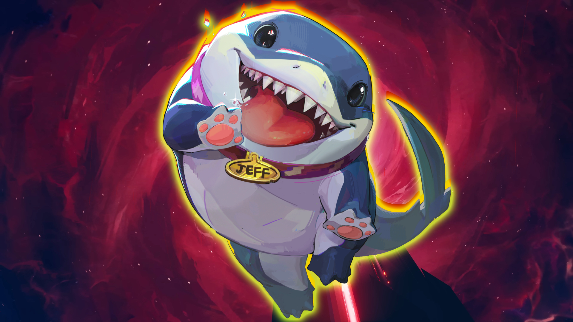 Jeff the Land Shark against a background of purple and red nebula