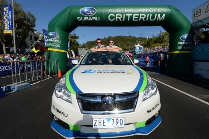 Simon Clarke and Luke Durbridge in their Orica-GreenEdge team car before the race.