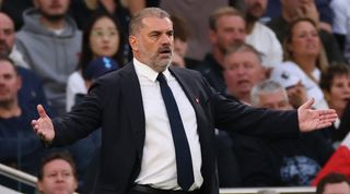 Ange Postecoglou gestures during Tottenham's 2-1 win at home to Liverpool in the Premier League in September 2023.