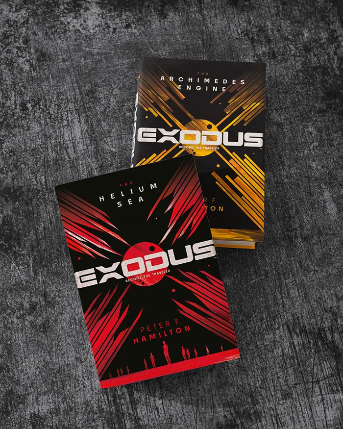 Two sci-fi books stacked loosely, one with a red and black cover, the other with a yellow and black cover.