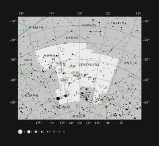 Nova Centauri 2013 falls within the red circle on this chart, in the constellation Centaurus. Since the nova erupted in 2013, it has been visible without a telescope.