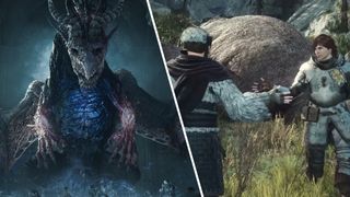 An undead dragon in Dragon's Dogma 2: Dark Arisen; a Pawn and Arisen prepare to high-five in Dragon's Dogma 2