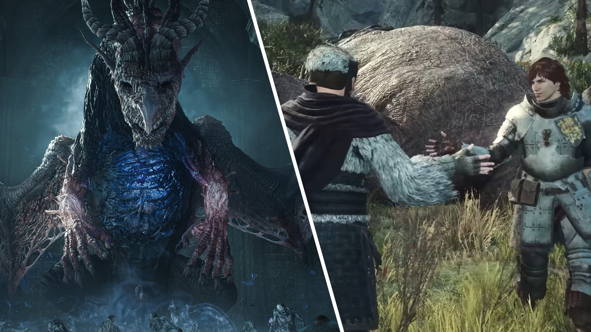 An undead dragon in Dragon's Dogma 2: Dark Arisen; a Pawn and Arisen prepare to high-five in Dragon's Dogma 2