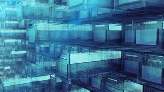 Abstract image showing multiple stacked rows of blue computerised filing cabinets