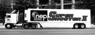NEP’s “Sharpshooter II” remote truck pictured beside Philadelphia’s Veterans Stadium.