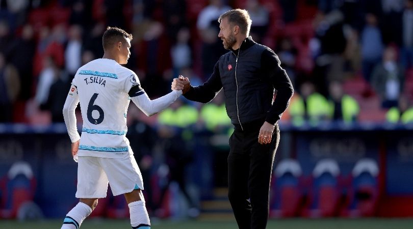 Graham Potter shakes hands with Thiago Silva after Chelsea&#039;s 2-1 win over Crystal Palace.