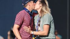 Carlos Ortiz and his wife, Haley, after he won the 2020 Vivint Houston Open
