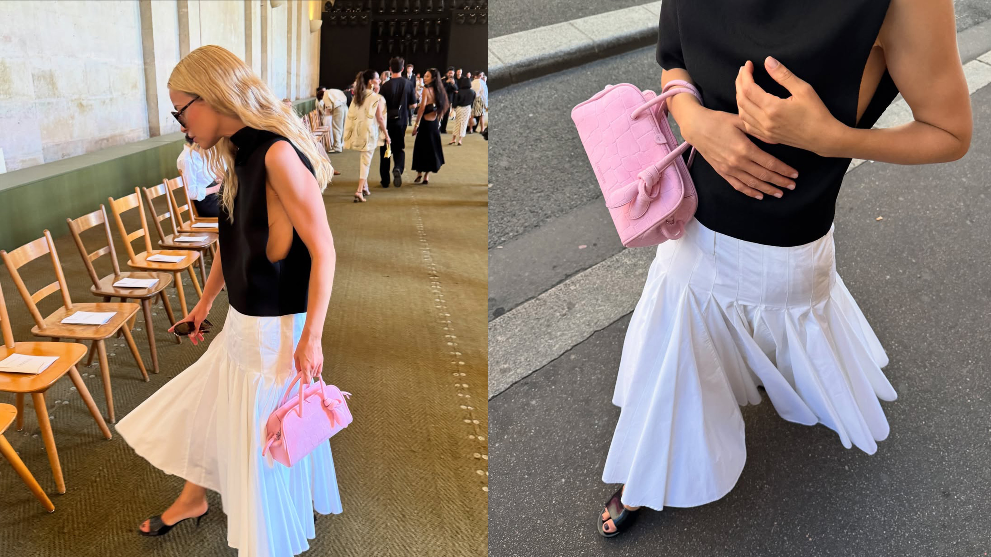 Stephanie Broek wearing a white pleated skirt and pink bag.