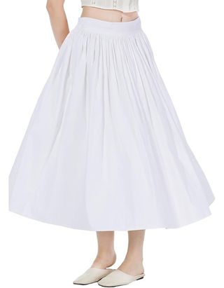 Beautelicate Women Long Cotton Skirt With Lining Elastic Waist 2 Pockets A-Line Bohemia Pleated Skirt White