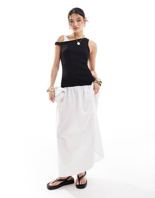 Asos Design Drop Shoulder Poplin Skirt Midi Dress in Black and White