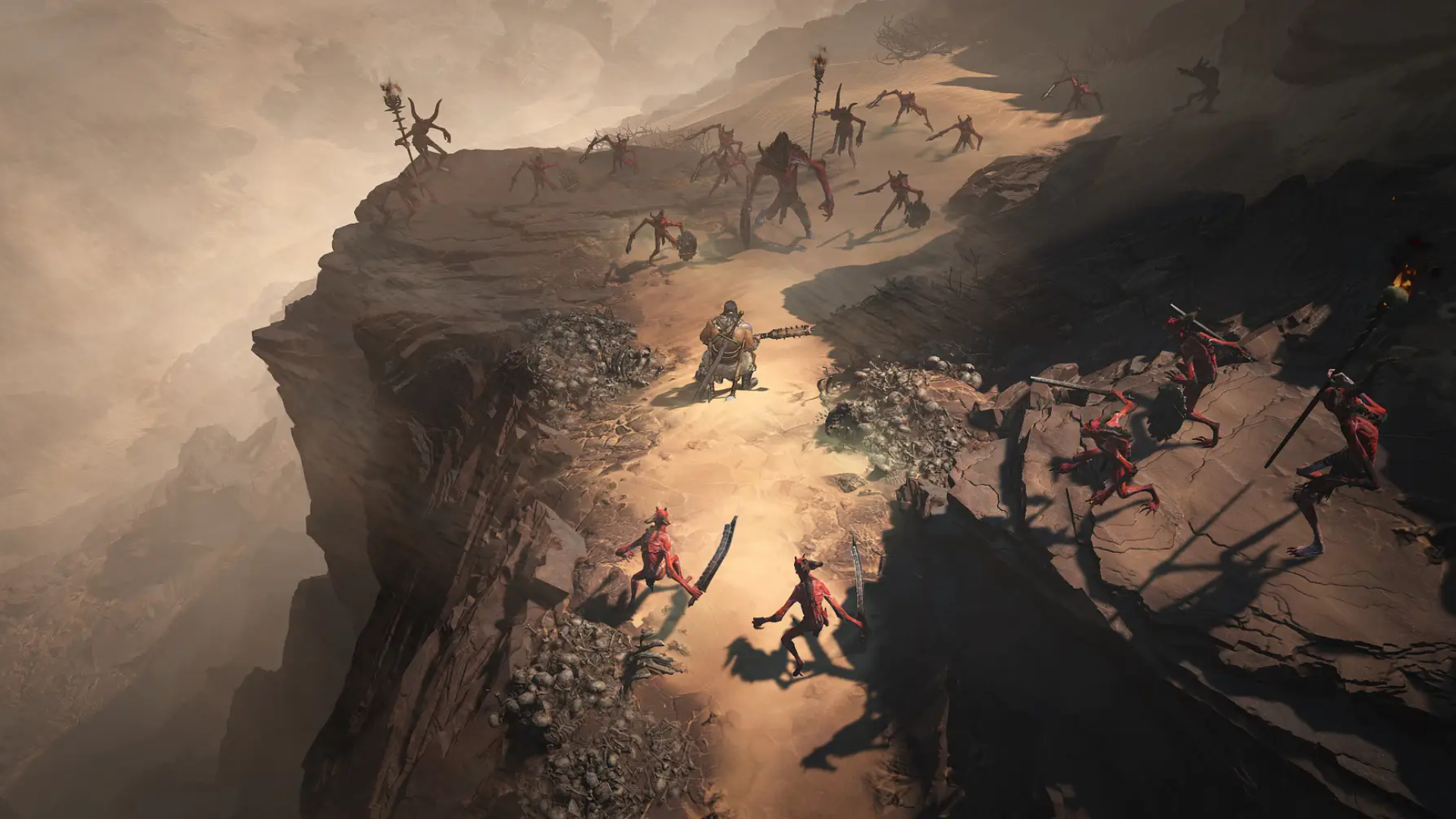 Diablo 4 — A Barbarian is surrounded by demonic Fallen on a Kehjistan desert cliffside.