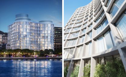 LEFT: A multi-storey curved faceted glass and grey concrete building surrounded by tall trees photographed at dusk from across the river. RIGHT: Close up of the building captured from below 