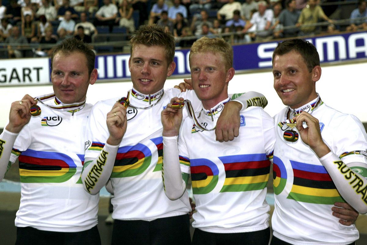 Luke Roberts, far right, celebrating the 2003 Worlds team pursuit title