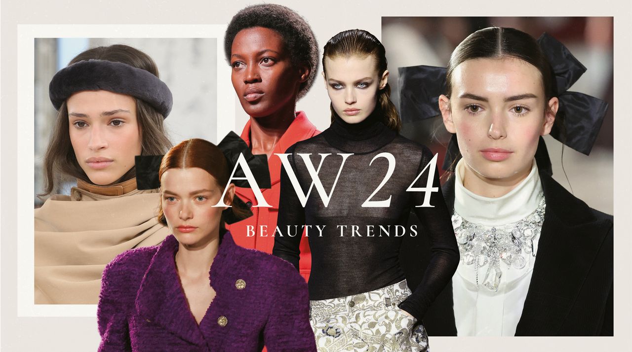 Autumn Winter 2024 Beauty Trend Report showing catwalk looks from Chloé, Chanel, Cavalli and Ferragamo