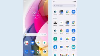 Moto G22:n Android 12 ohjelmiston päänäyttö sekä sovellusvalikko