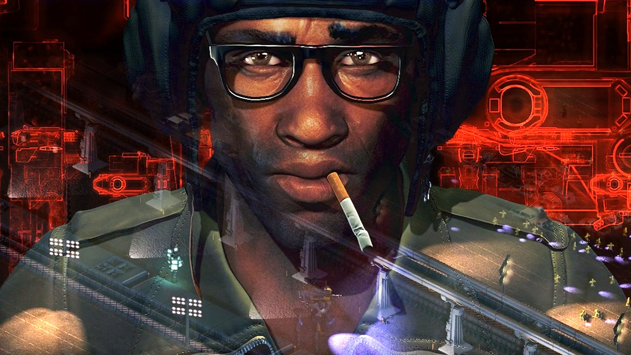 Brigador Pilot smoking cigarette wearing glasses overlaid over Brigador gameplay.