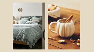 composite of lifestyle image of bedding set and a pumpkin shaped mug