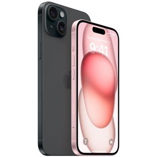 iPhone 15 pink and iPhone 15 Plus black back to back