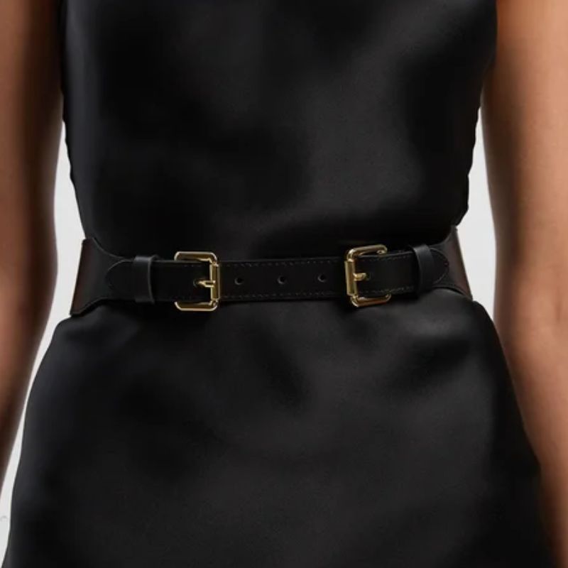 Catherine Tyldesley's double buckle black leather belt from Karen Millen