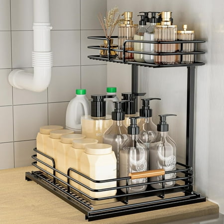 Lamu Under Sink Organizers and Storage, 2 Tier Kitchen Bathroom Cabinet Organizers and Storage, Pull Out Under Sink Storage Kitchen Shelf Organizer for Under Counter Storage Organizer