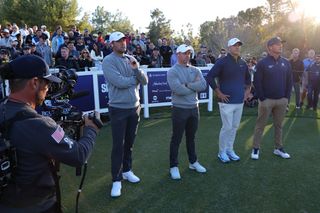 Scottie Scheffler, Rory McIlroy, Brooks Koepka and Bryson DeChambeau stand on the first tee