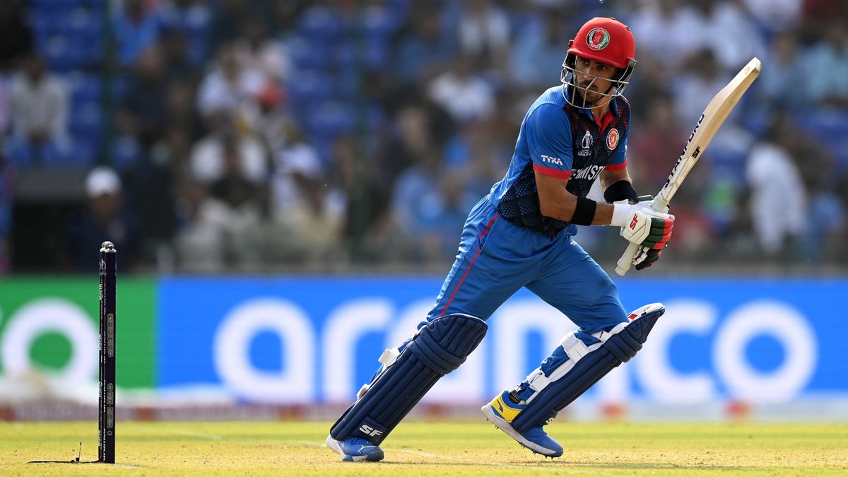  Rahmanullah Gurbaz plays a shot at the World Cup ahead of the PAK vs AFG live stream