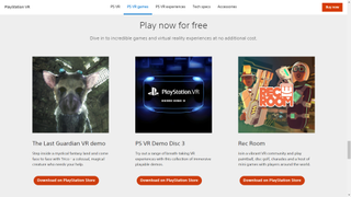 PlayStation VR Website Screenshot of Free Game Demos