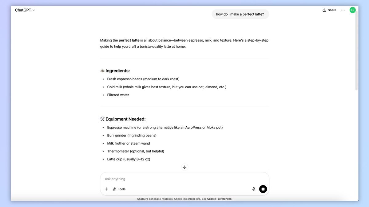 a screenshot from ChatGPT asking how to make the perfect latte, with ChatGPT's response visible