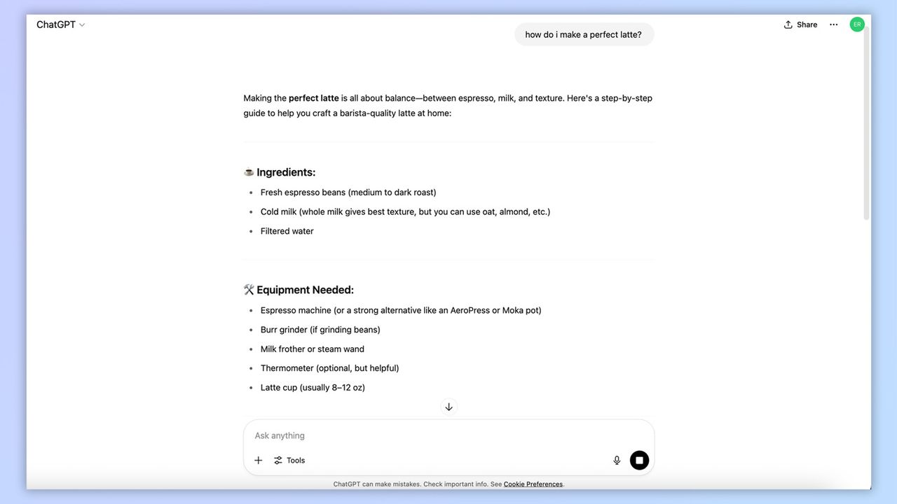 a screenshot from ChatGPT asking how to make the perfect latte, with ChatGPT's response visible