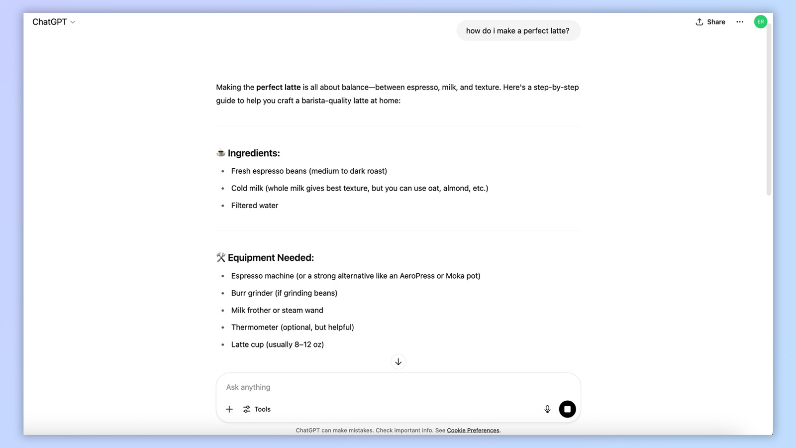 a screenshot from ChatGPT asking how to make the perfect latte, with ChatGPT's response visible