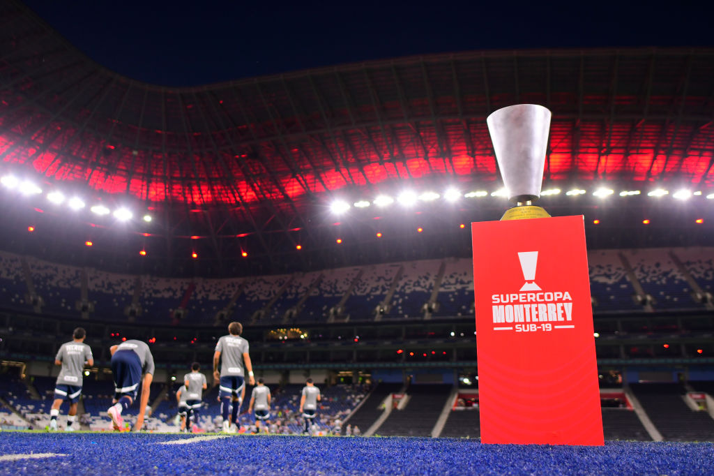 MONTERREY, MEXICO - AUGUST 2: View of the champion trophy prior to the final of the Supercopa Monterrey U19 at Estadio Monterrey on August 2, 2024 in Monterrey, Mexico. (Photo by Jaime Lopez/Jam Media/Getty Images)