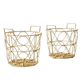 Two brown woven storage baskets with handles