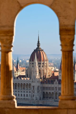 Budapest, Hungarian Parliament Building view from Fishermen's Bastion. Image shot 05/2018. Exact date unknown.