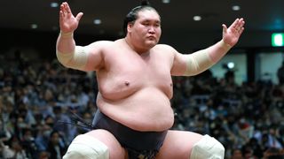 erunofuji is seen before his bout against ozeki Mitakeumi at the Grand Sumo tournaments