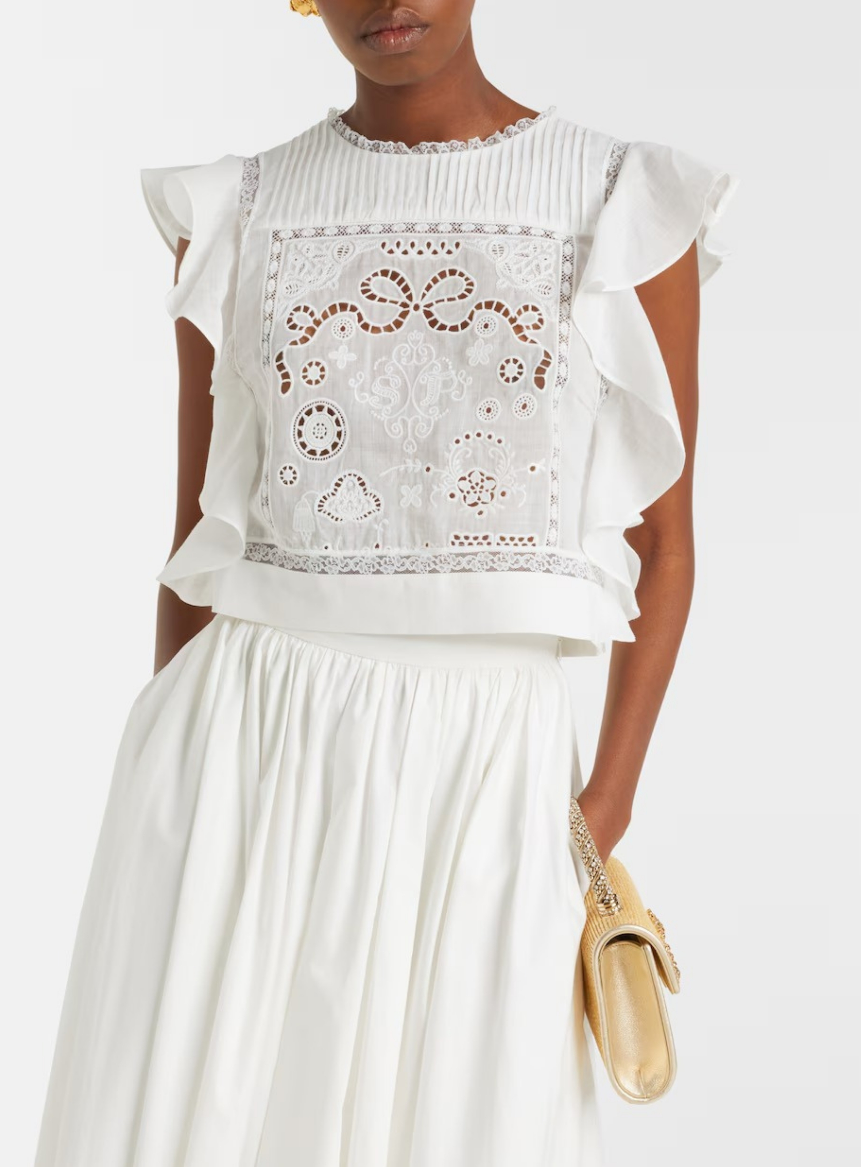 Embroidered Ruffled Top in White - Self Portrait