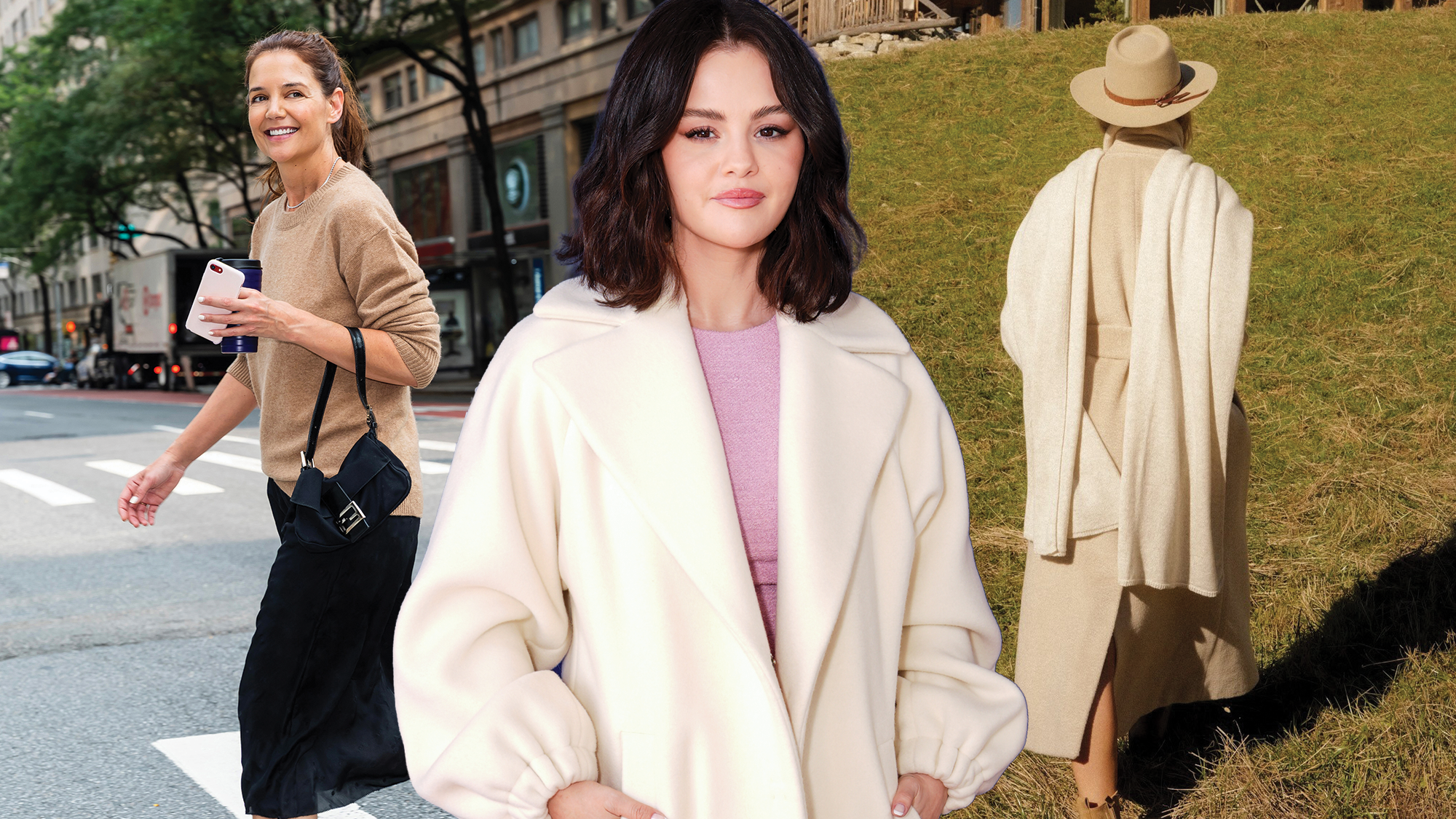 katie holmes wears a beige sweater with black skirt and brown loafers. Selena wears a lavendar and a white wool coat. Rosie wears a hat with a white sweater.