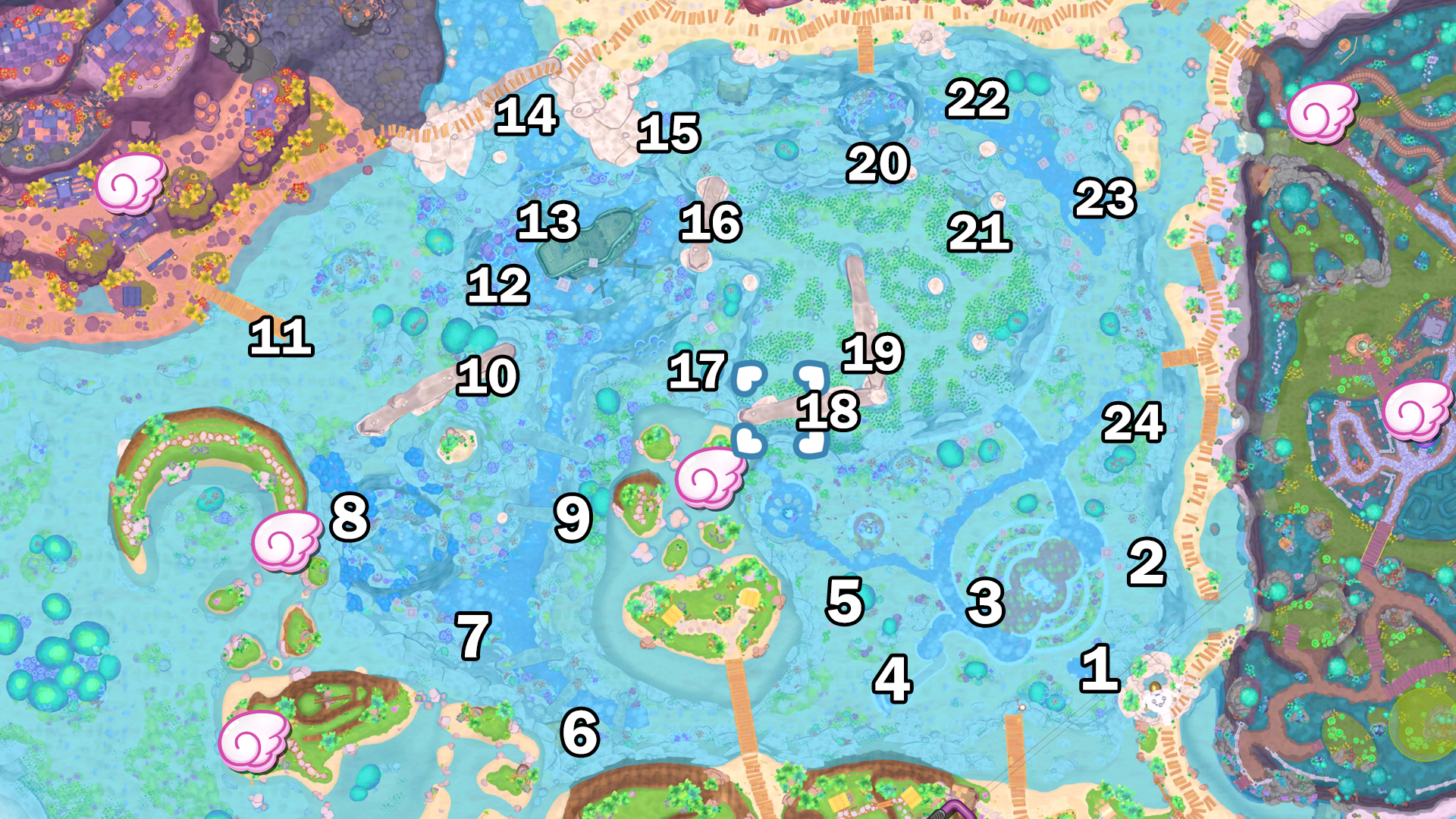 The Gudetama locations in Rainbow Reef in Hello Kitty Island Adventure.