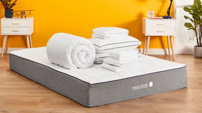 Nectar mattress sale bedding bundle mattress with duvet and more on with yellow wall