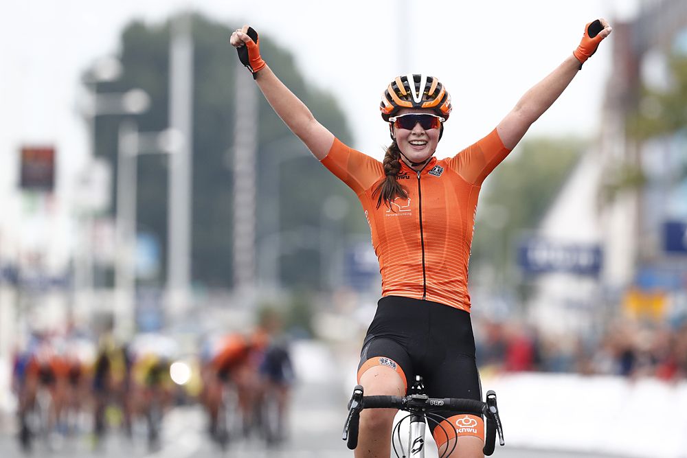 Ilse Pluimers of Netherlands / Celebration / during the 25th UEC Road European Championships 2019 - Junior Women&rsquo;s Road Race